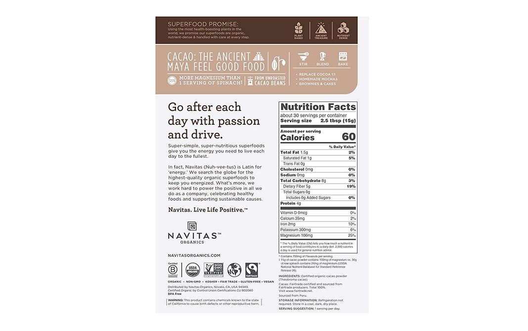 Navitas Organics Organic Cacao Powder    Pack  454 grams